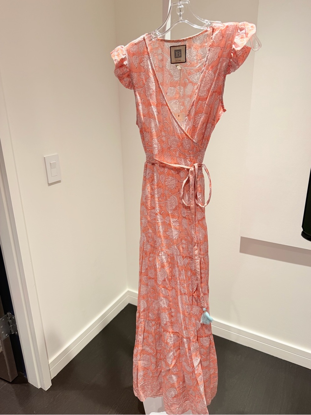 Floral Coral Wrap Maxi Dress with Tie Waist